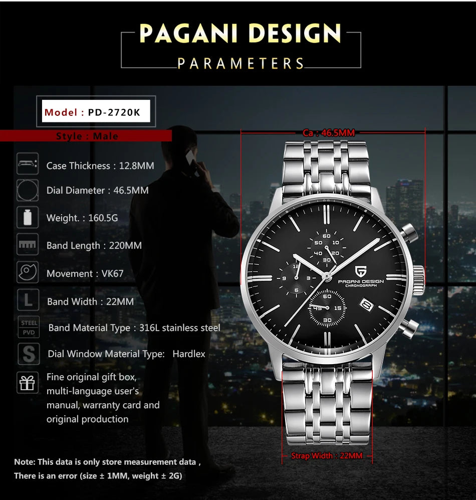 PAGANI DESIGN Original Brand Men Sports Military Quartz Watch Fashion Business Chronograph Leather Wristwatch Relogio Masculino