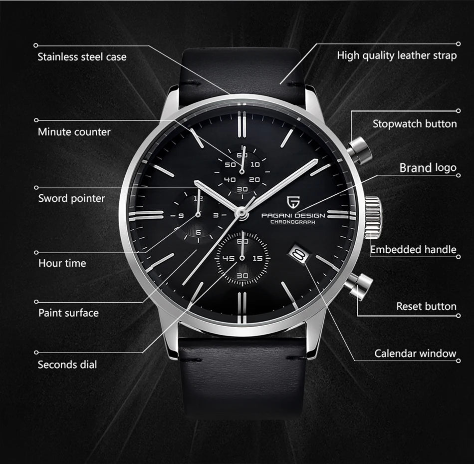 PAGANI DESIGN Original Brand Men Sports Military Quartz Watch Fashion Business Chronograph Leather Wristwatch Relogio Masculino