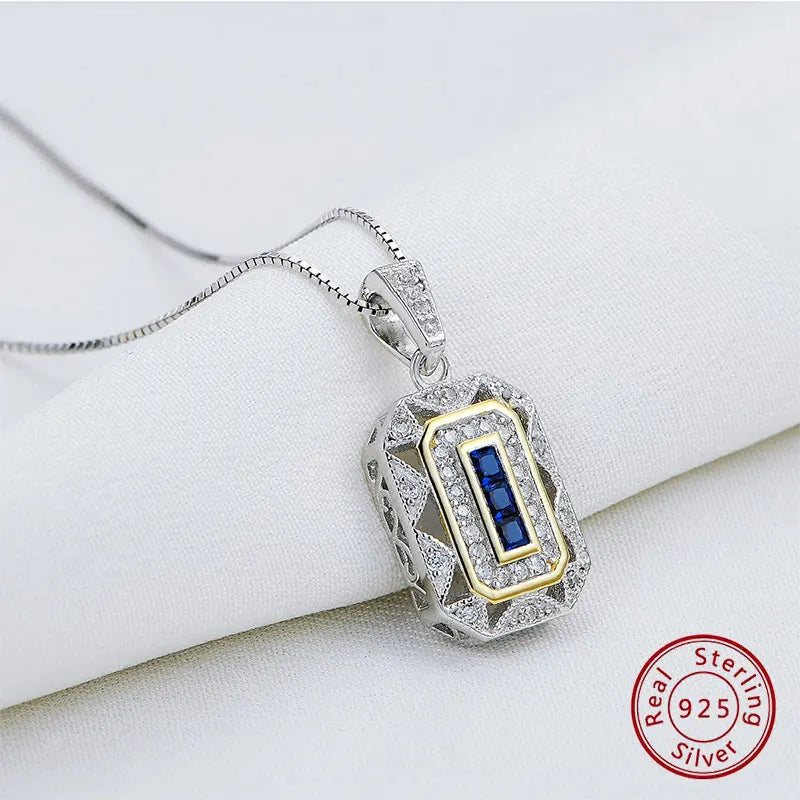 Newshe Blue Cubic Zircon Decor Geometrische Charm 925 Sterling Zilveren Hanger Ketting met 18 Inch Ketting Cadeau Sieraden voor Vrouwen