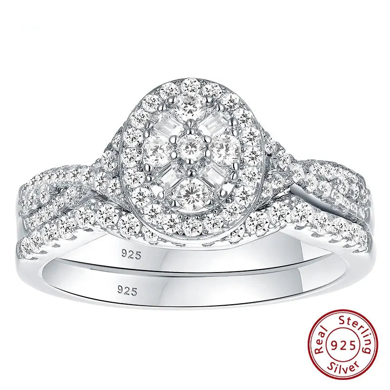 Newshe 925 Sterling Zilveren Trouwringen Set voor Vrouwen Ovale Halo Kubieke Zirkoon Bruids Verlovingsring Sieraden Cadeau