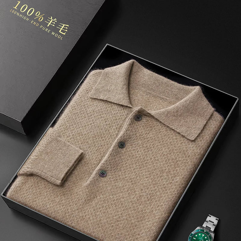 Autumn And Winter 100 Pure Wool Men's Lapel Long Sleeve Polo Neck Honeycomb Cashmere Knitted Youth Business Casual Sweater